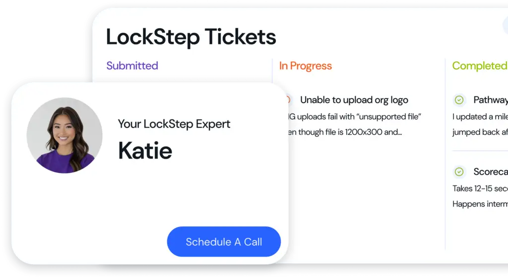 LockStep ticket board with a dedicated support expert and a schedule-a-call option (illustrative)