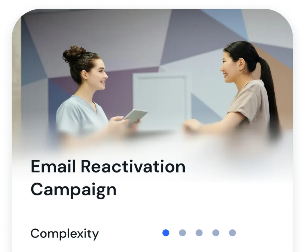 Playbook card for an email reactivation campaign with a complexity rating (illustrative)