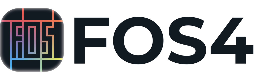 FOSS4 logo: rounded square icon with colorful circuit lines and the text 'FOSS4' to the right.
