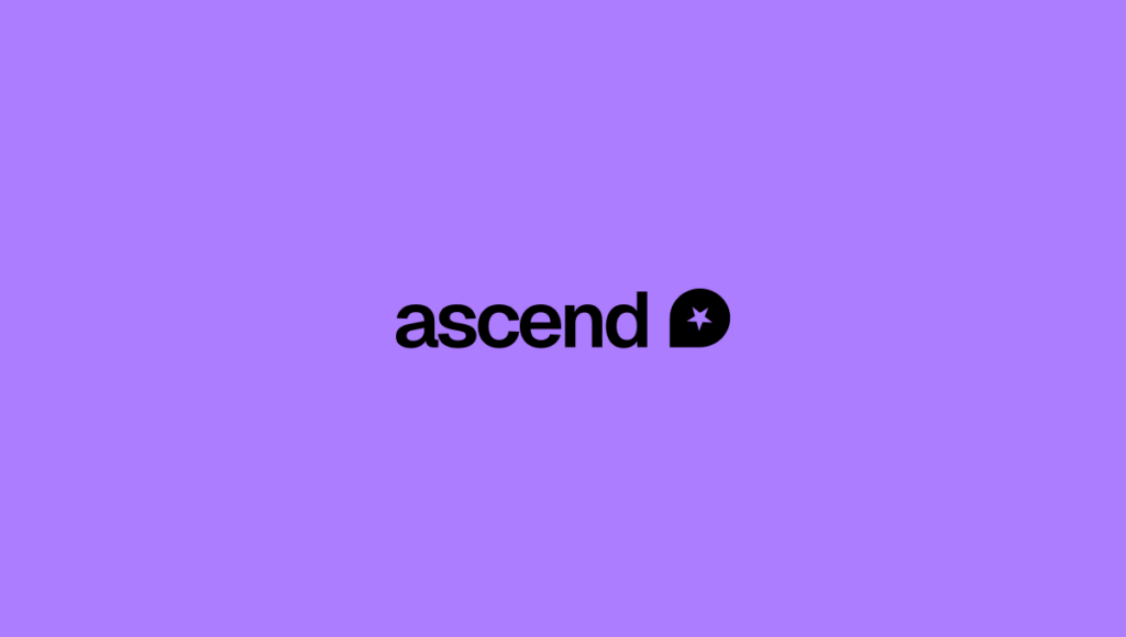Ascend logo: black wordmark on a purple background with a rounded black shape containing a white star next to the word ascend