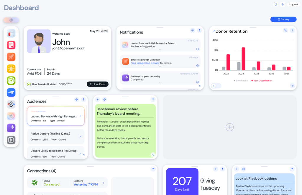A multi-panel dashboard UI with a left vertical app rail and several rounded cards showing a welcome card, notifications, a donor retention chart, and audience insights.