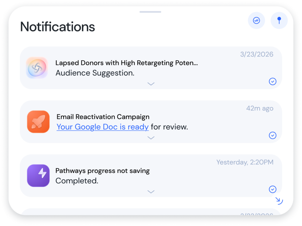 Notifications screen with three message cards: Donor audience suggestion, Google Doc for review, and pathway progress completed.