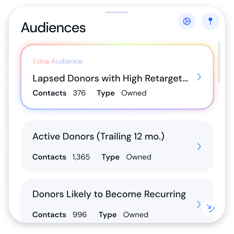 Screenshot of an app panel titled 'Audiences' with three rounded cards showing donor segments and stats (e.g., 'Lapsed Donors with High Retarget...', Contacts 376, Type Owned).