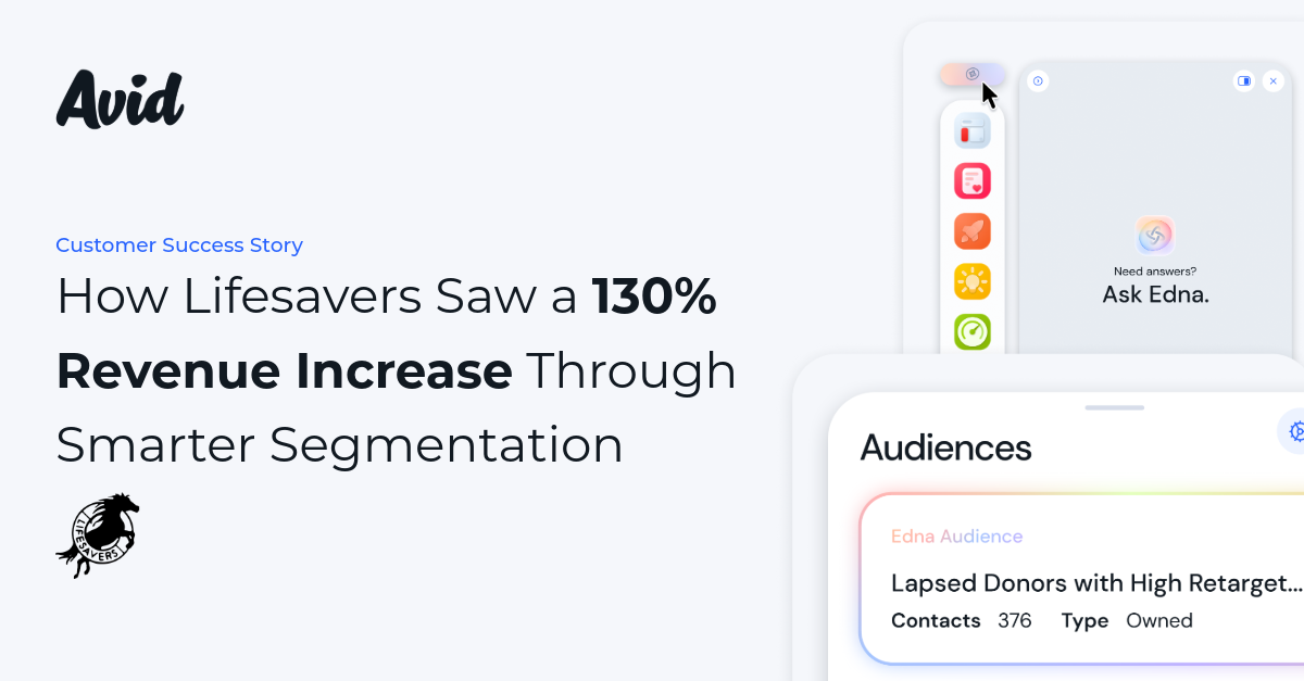A marketing hero showing the Avid logo with the headline 'How Lifesavers Saw a 130% Revenue Increase Through Smarter Segmentation' and device mockups on the right.