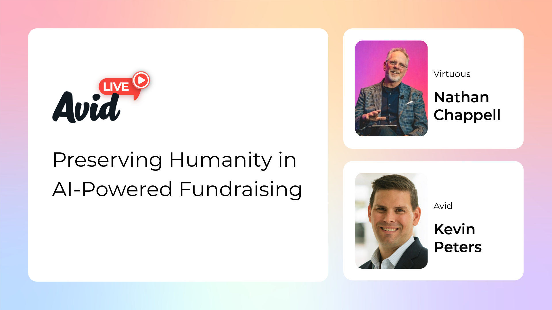 Hero banner with gradient background and a large white left panel showing the Avid logo and Live badge; right side features speaker cards for Nathan Chappell and Kevin Peters on rounded white panels.
