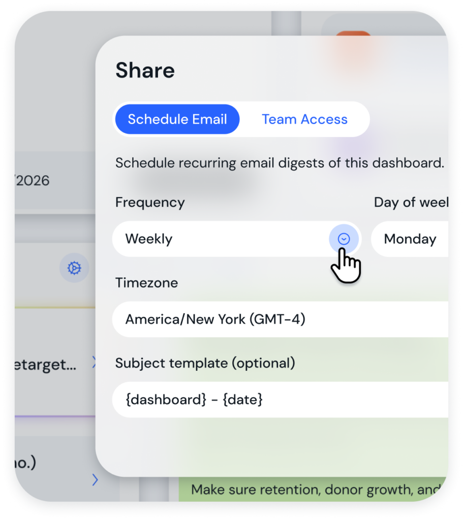 Share settings modal showing Schedule Email tab with options for Weekly frequency, timezone America/New York, and subject template {{dashboard}} - {{date}}