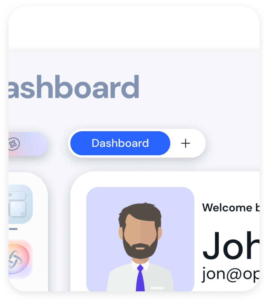 Hero area showing a dashboard UI with a blue rounded 'Dashboard' button and a user avatar card on the left side panel, plus welcome text partially visible.