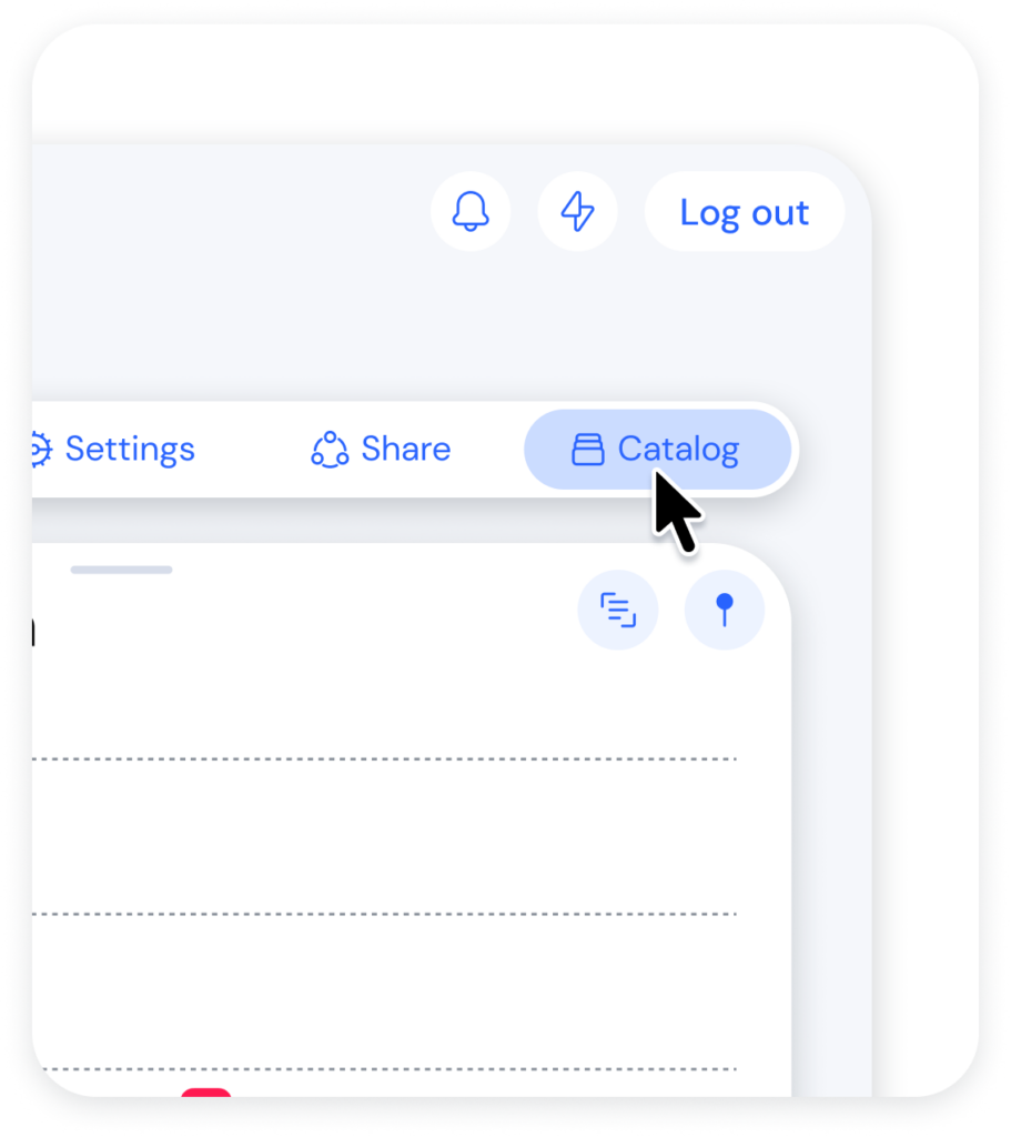 Mobile app UI with the Catalog tab highlighted in the bottom navigation; cursor pointing at it.