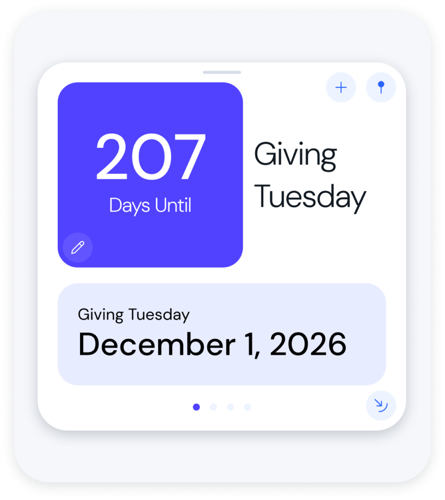 Countdown widget: 207 Days Until Giving Tuesday on a rounded blue tile beside the header on a white dashboard card.